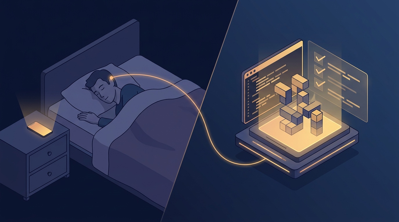 Illustration of a developer asleep at night while a glowing terminal keeps assembling code and checking off tasks