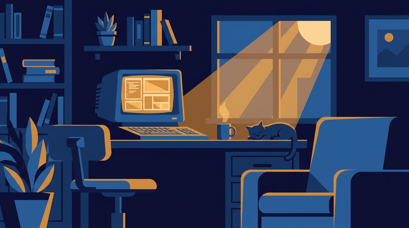 A dark home office at night with a terminal glowing softly, working through tasks on its own